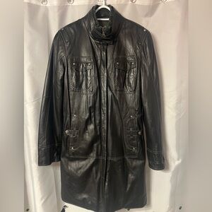 Danier Black Soft Leather Lined Coat. Size Large.